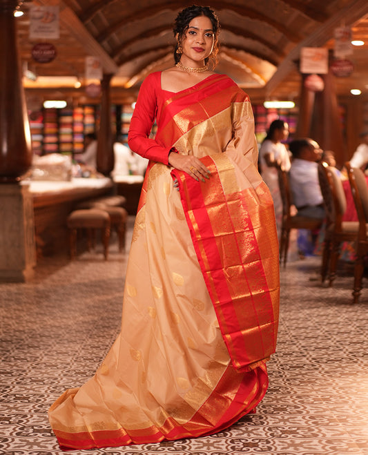 Paan-Chilli Red Zari Buttas Budget Silk Saree, a Contrast Traditional Rettai Pettu Border, Grand Pallu, a Contrast Blouse