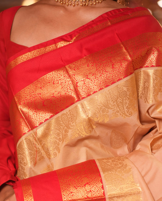 Paan-Chilli Red Zari Buttas Budget Silk Saree, a Contrast Traditional Rettai Pettu Border, Grand Pallu, a Contrast Blouse