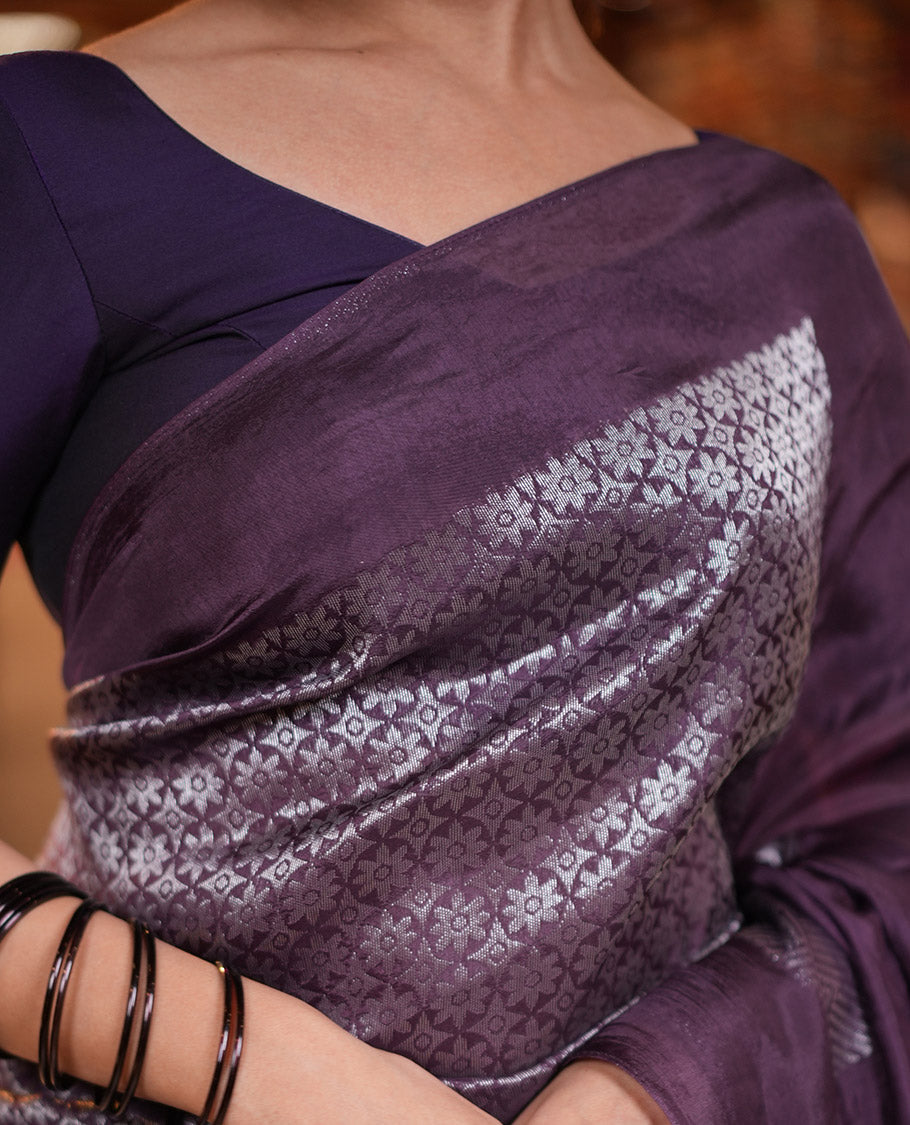 Borderless Purple Chanderi Cotton Saree, Steeped in the Richness of Zari Big Square Buttas All Over Its Body, Highlighted by Geometric Patterned Pallu and Paired with a Matching Brocade Blouse