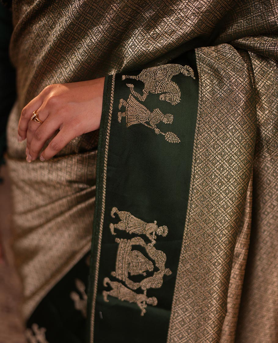 Mehenti Green Russian Dola Silk Saree Features Jacquard, Wedding-Themed Border, Jaal Pallu, Matching Blouse
