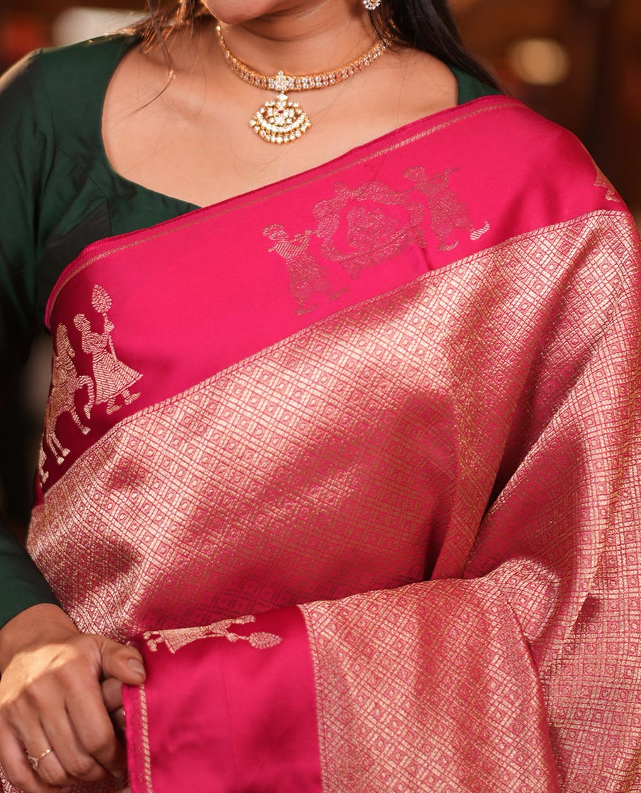 Rani Pink Russian Dola Silk Saree Features Jacquard, Wedding-Themed Border, Jaal Pallu, Matching Blouse
