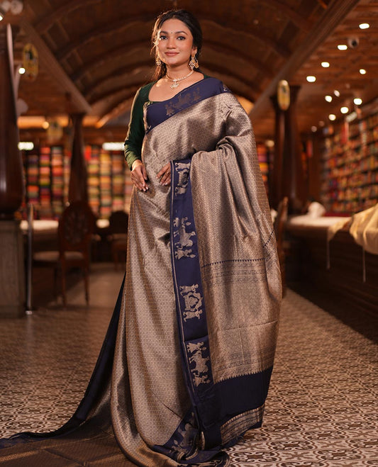 Navy Russian Dola Silk Saree Features Jacquard, Wedding-Themed Border, Jaal Pallu, Matching Blouse