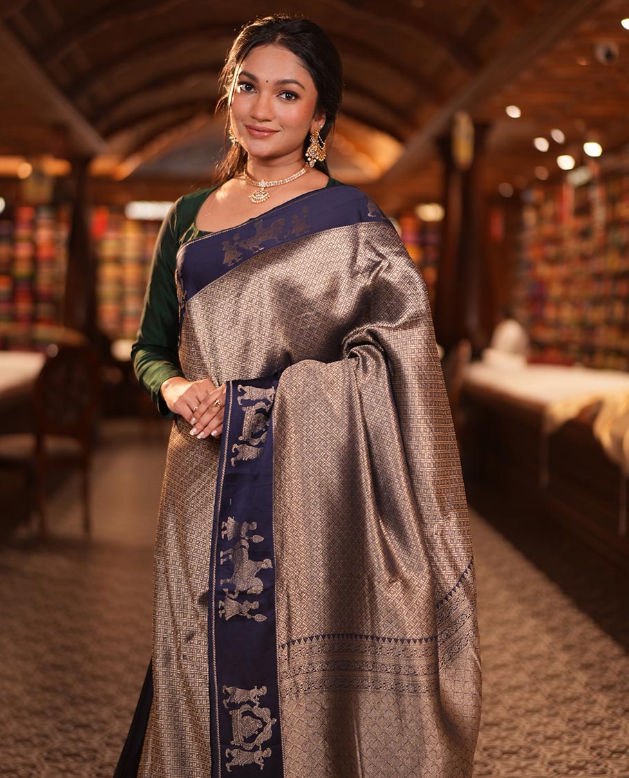 Navy Russian Dola Silk Saree Features Jacquard, Wedding-Themed Border, Jaal Pallu, Matching Blouse