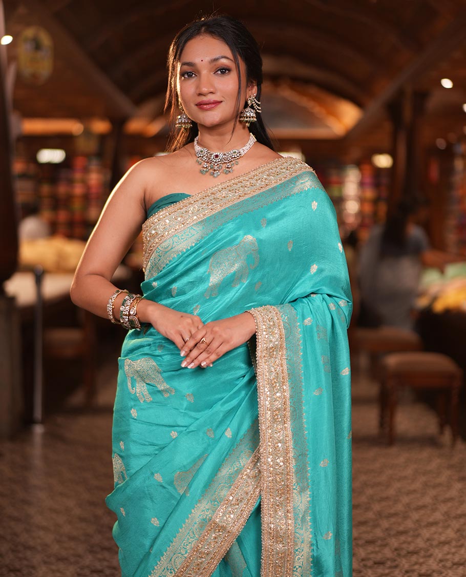 Rama Blue Elephant Buttas Russian Dola Silksaree,Embroidery Patch Border,Matching Blouse