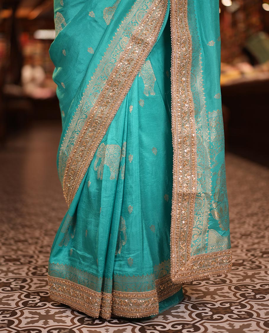Rama Blue Elephant Buttas Russian Dola Silksaree,Embroidery Patch Border,Matching Blouse