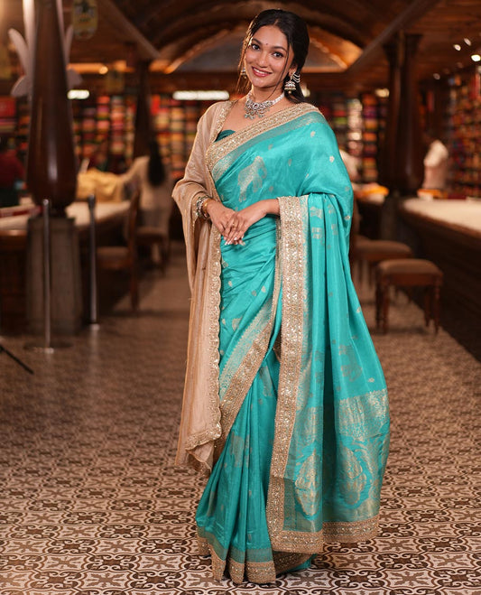 Rama Blue Elephant Buttas Russian Dola Silksaree,Embroidery Patch Border,Matching Blouse