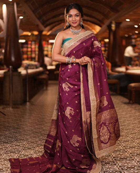 Wine Elephant Buttas Russian Dola Silksaree,Embroidery Patch Border,Matching Blouse