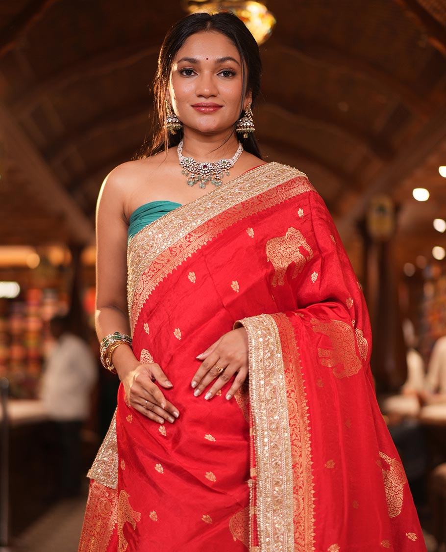 Red Elephant Buttas Russian Dola Silksaree, Embroidery Patch Border, Matching Blouse
