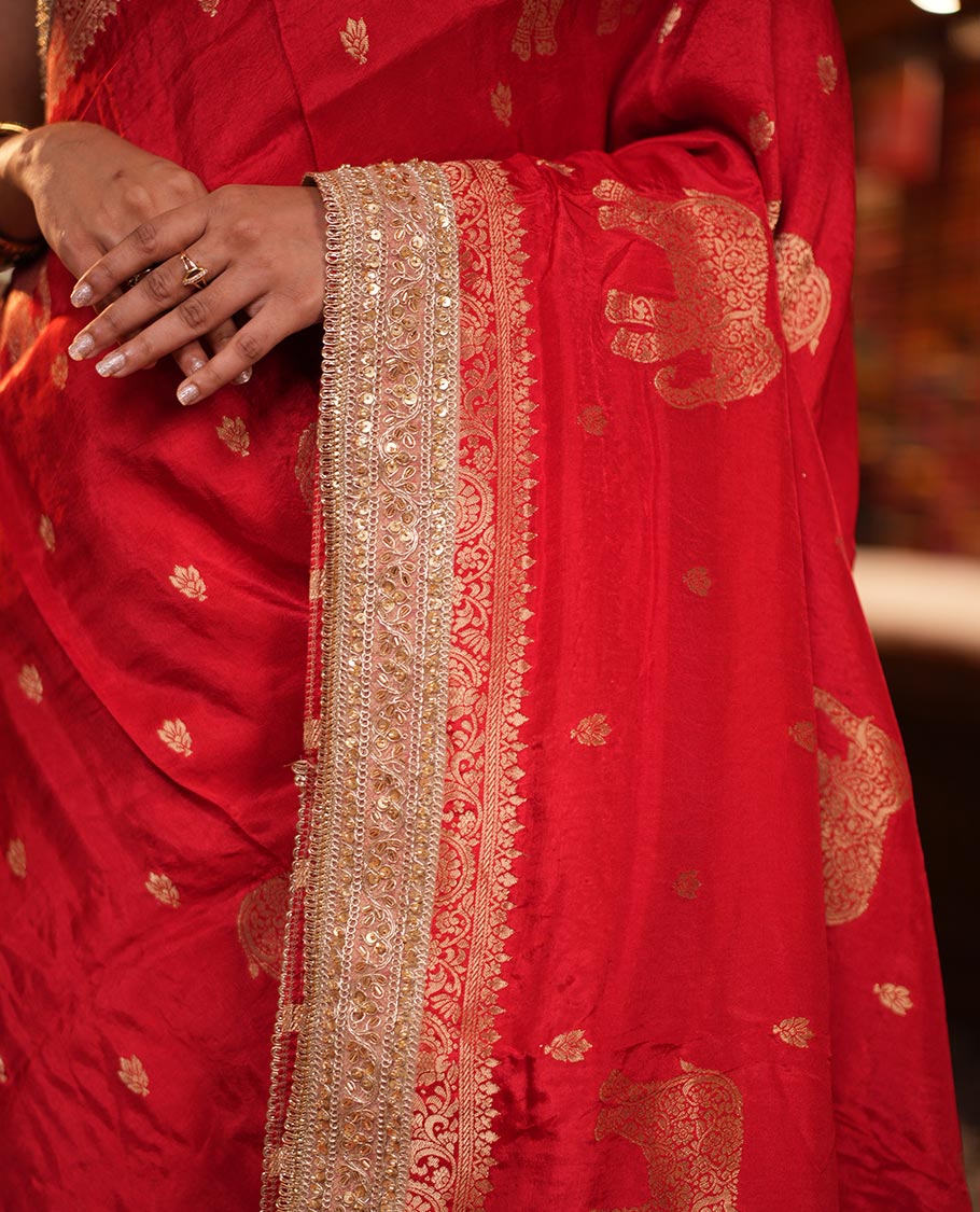 Red Elephant Buttas Russian Dola Silksaree, Embroidery Patch Border, Matching Blouse
