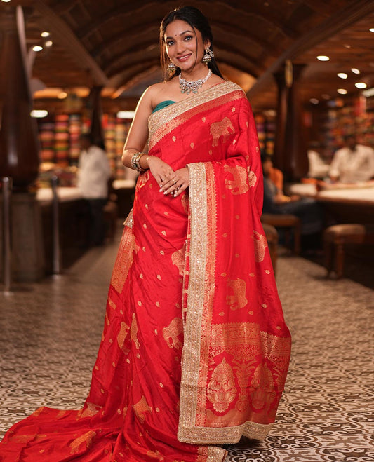 Red Elephant Buttas Russian Dola Silksaree, Embroidery Patch Border, Matching Blouse