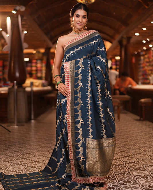 Peacock Blue Bird Buttas Russian Dola Silk Saree,Contrast Patchwork Border,Matching Blouse