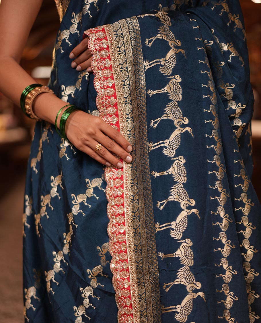 Peacock Blue Bird Buttas Russian Dola Silk Saree,Contrast Patchwork Border,Matching Blouse