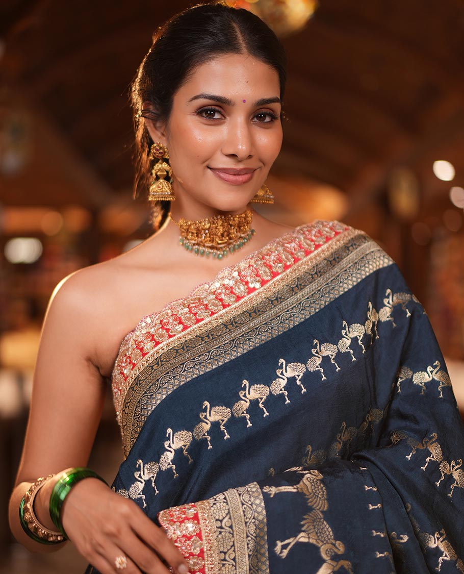 Peacock Blue Bird Buttas Russian Dola Silk Saree,Contrast Patchwork Border,Matching Blouse