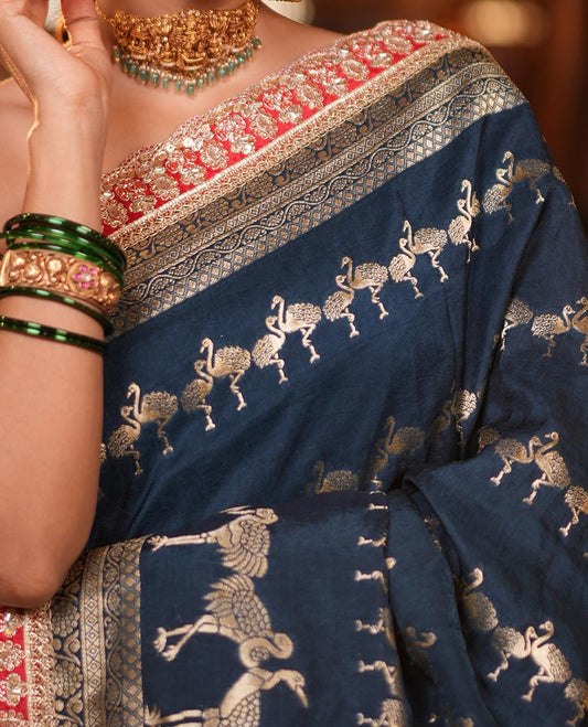 Peacock Blue Bird Buttas Russian Dola Silk Saree,Contrast Patchwork Border,Matching Blouse