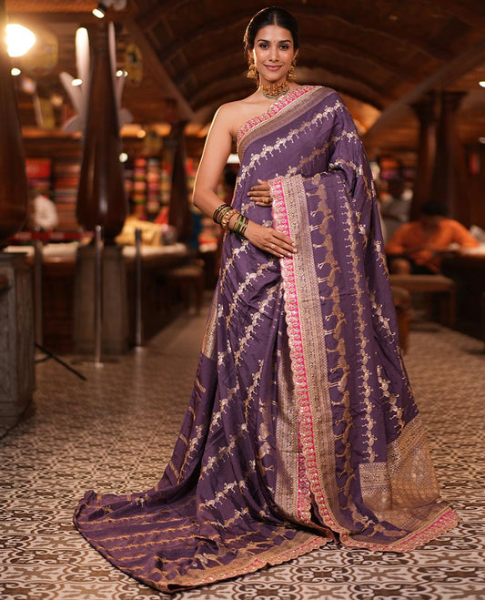 Lavender Bird Buttas Russian Dola Silk Saree, Contrast Patchwork Border, Matching Blouse