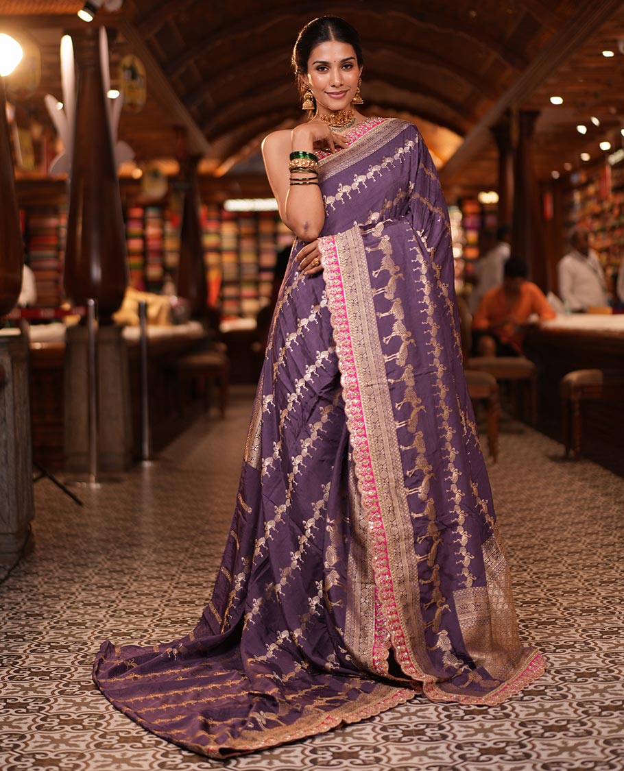 Lavender Bird Buttas Russian Dola Silk Saree, Contrast Patchwork Border, Matching Blouse