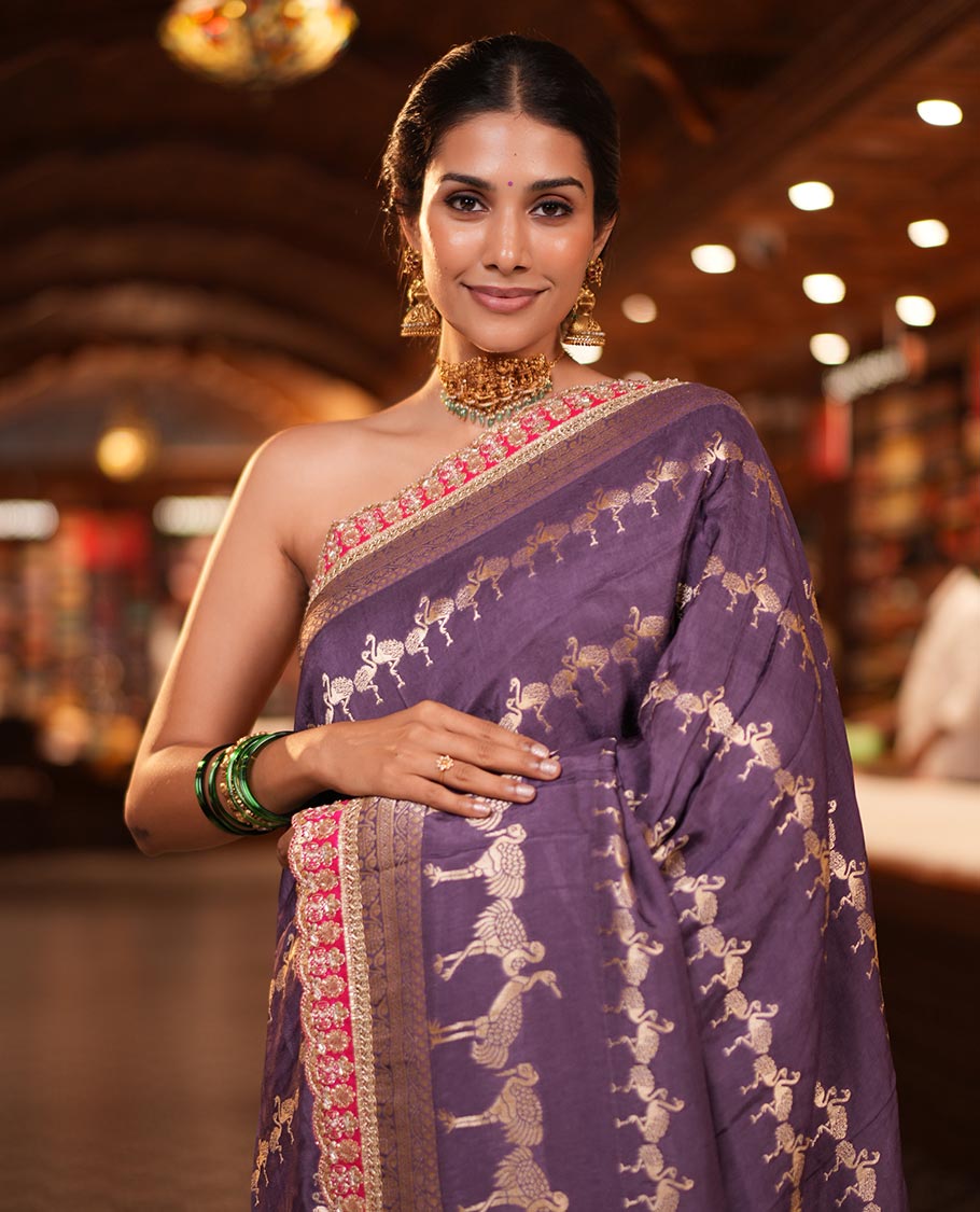 Lavender Bird Buttas Russian Dola Silk Saree, Contrast Patchwork Border, Matching Blouse