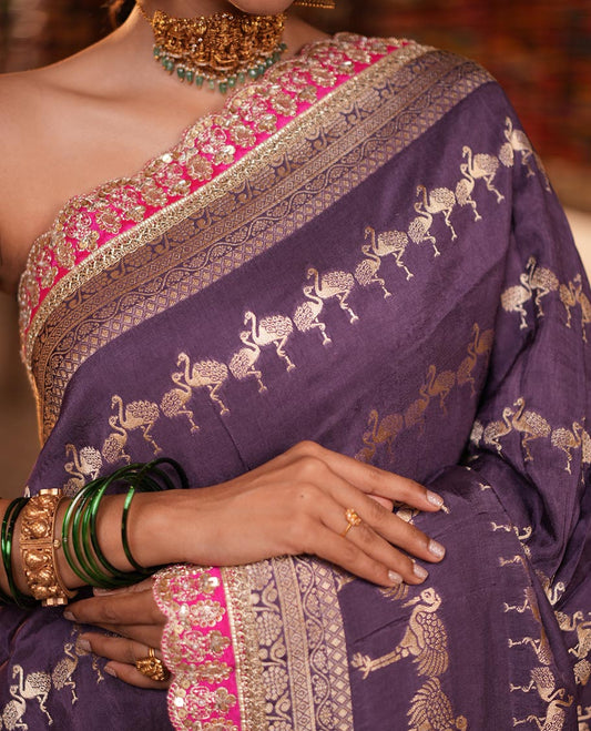 Lavender Bird Buttas Russian Dola Silk Saree, Contrast Patchwork Border, Matching Blouse