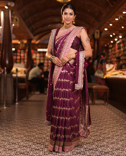 Wine Bird Buttas Russian Dola Silk Saree, Contrast Patchwork Border, Matching Blouse