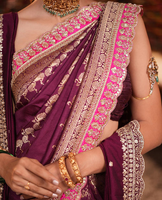 Wine Bird Buttas Russian Dola Silk Saree, Contrast Patchwork Border, Matching Blouse