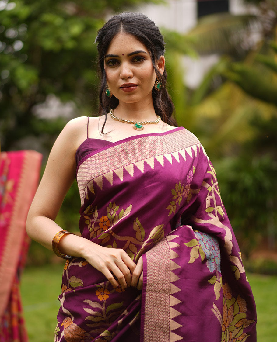 Purple Paithani Floral Motifs Dola Silk Saree, Temple Border, Matching Blouse