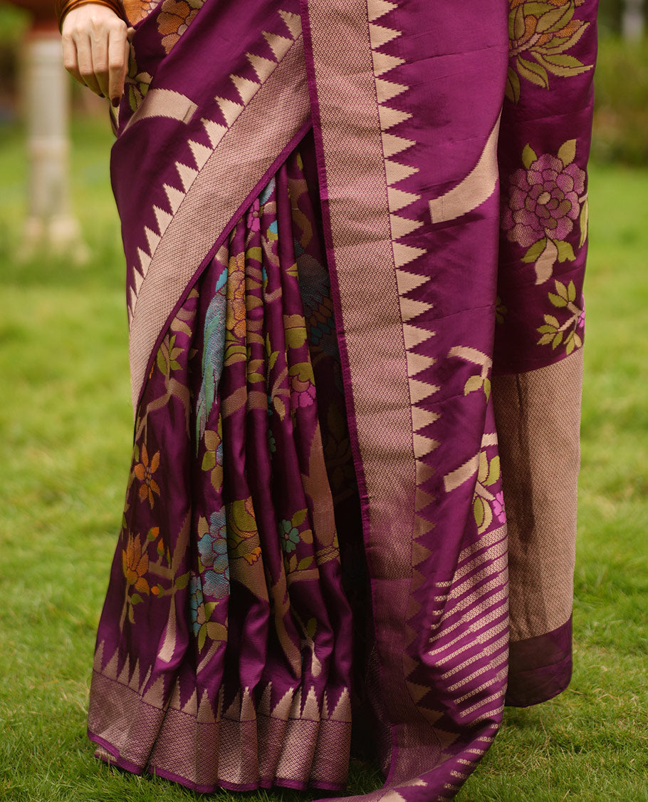 Purple Paithani Floral Motifs Dola Silk Saree, Temple Border, Matching Blouse