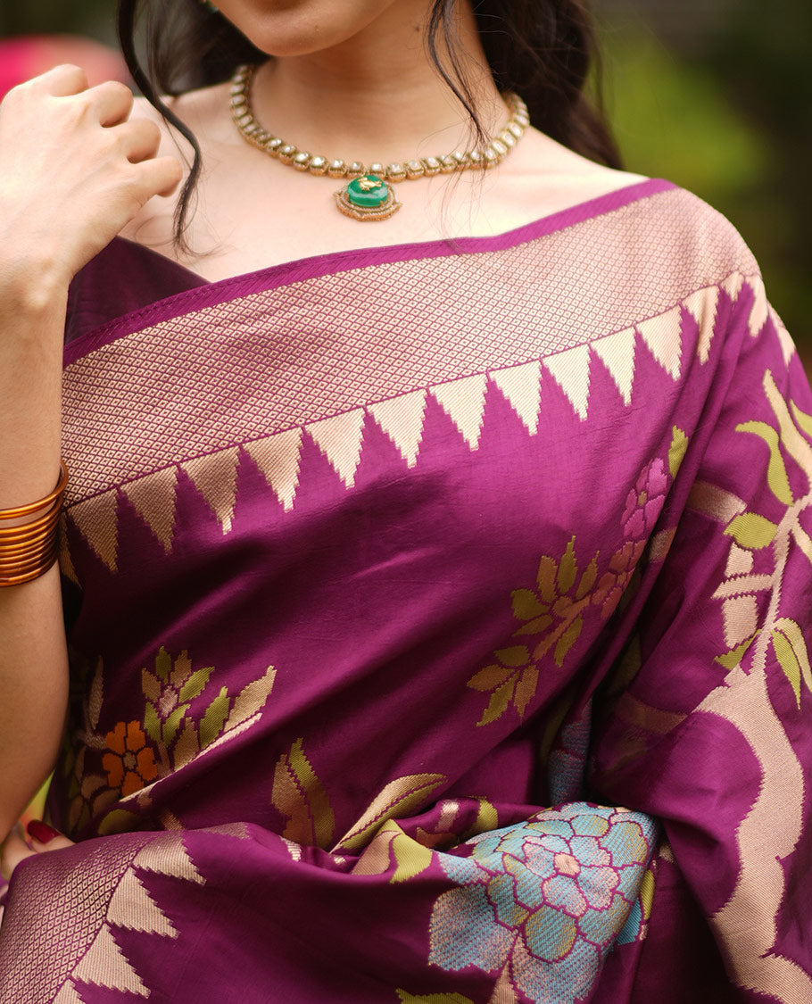 Purple Paithani Floral Motifs Dola Silk Saree, Temple Border, Matching Blouse