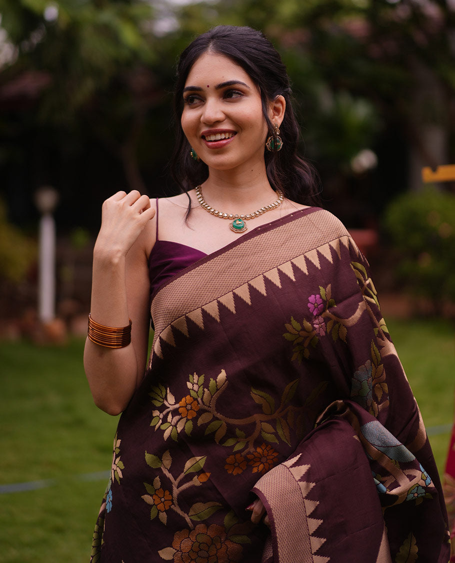 Coffee Brown Paithani Floral Motifs Dola Silk Saree, Temple Border, Matching Blouse