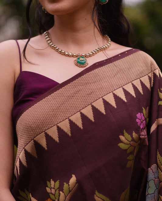 Coffee Brown Paithani Floral Motifs Dola Silk Saree, Temple Border, Matching Blouse