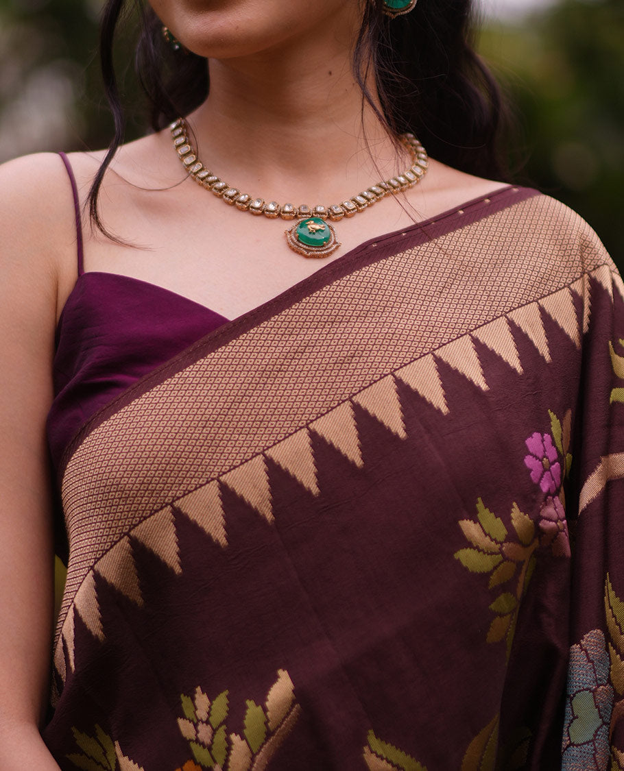 Coffee Brown Paithani Floral Motifs Dola Silk Saree, Temple Border, Matching Blouse