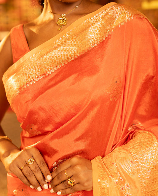Orange Green-Mango-Silk Saree, Enriched with Floral Zari Buttas All Over Its Body, Complemented by a Contrast Meenakari Zari Traditional Border of Floral Designs, Grand Pallu, and Paired with a Contrast Blouse