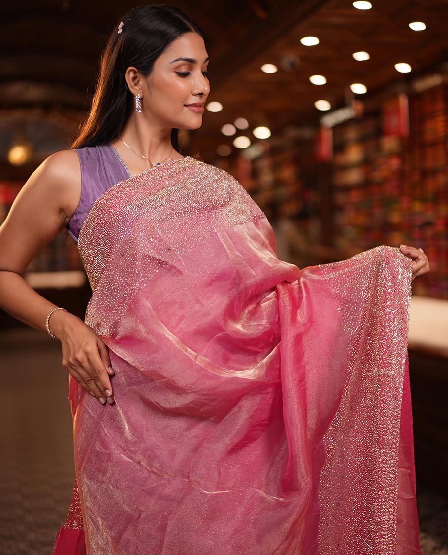 Onion Pink Fendi Silk Saree with Swarovski Stonework Border and a Stonework Blouse