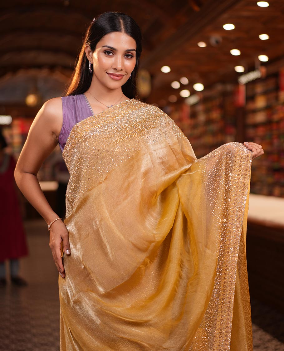Gold Fendi Silk Saree, Enthralled with Swarovski Stonework Border, and a Stonework Blouse