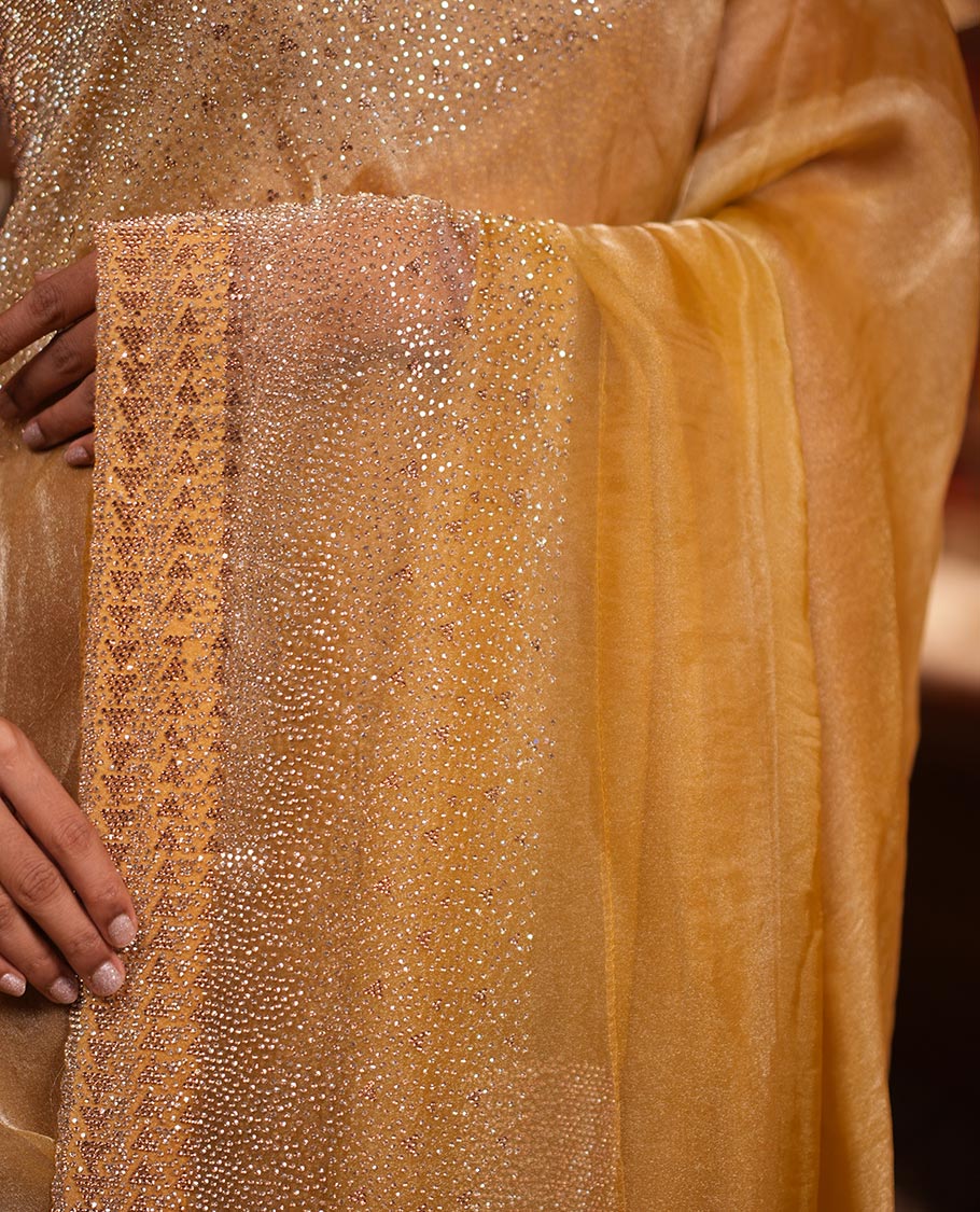 Gold Fendi Silk Saree, Enthralled with Swarovski Stonework Border, and a Stonework Blouse