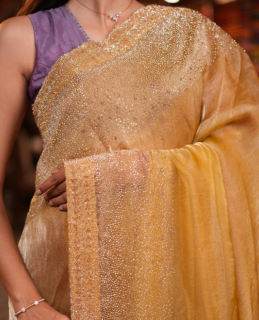 Gold Fendi Silk Saree, Enthralled with Swarovski Stonework Border, and a Stonework Blouse