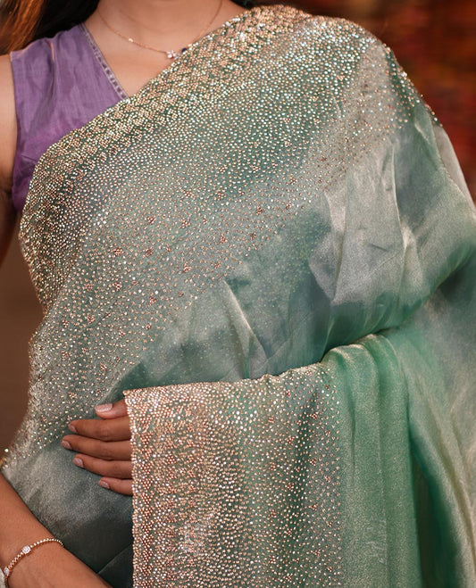 Emerald Green Fendi Silk Saree with Swarovski Stonework Border, and a Stonework Blouse