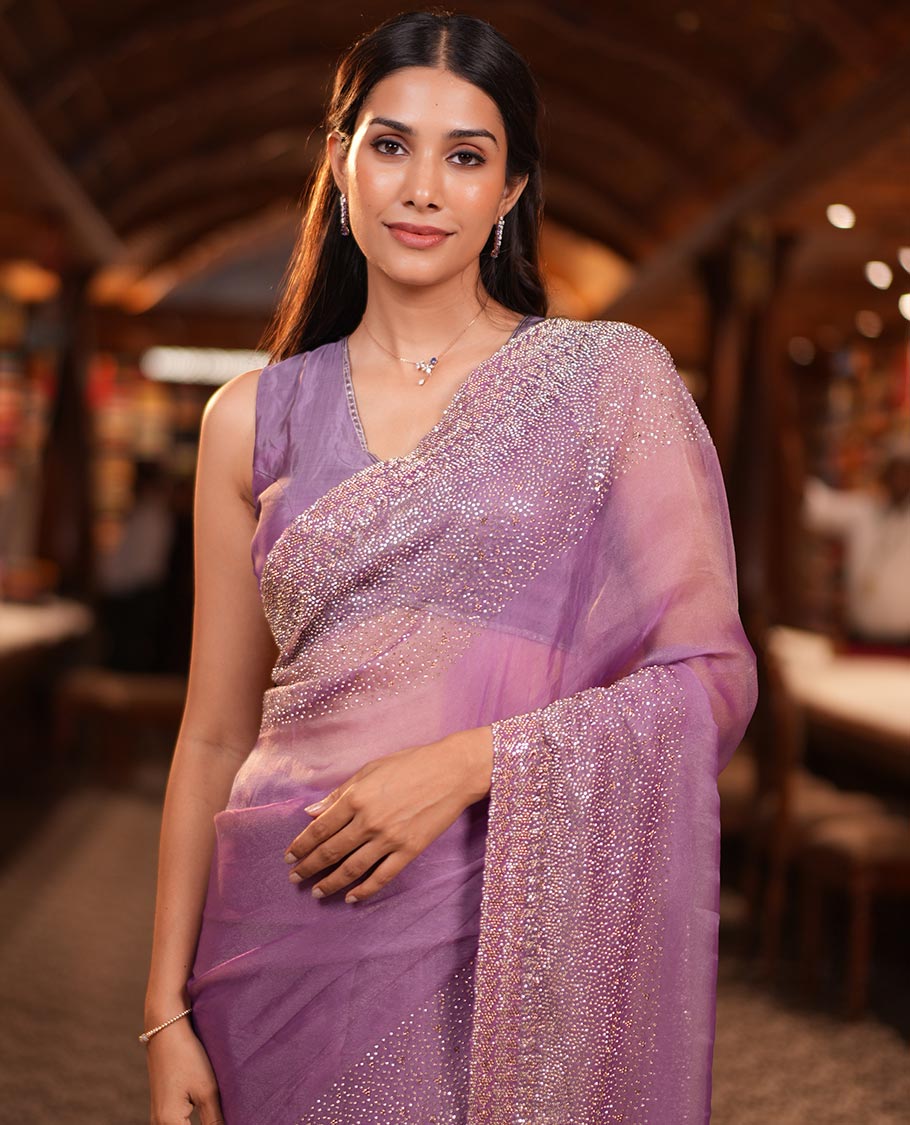 Lavender Fendi Silk Saree with Swarovski Stonework Border, and a Stonework Blouse