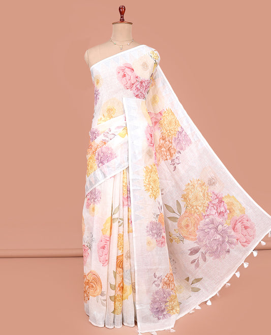 Cream-Base Linen Saree, Adorned with Floral-Themed Paint Splashes Printed All Over Its Body, Sparsely Woven Temple Border, and Paired with a Matching Blouse