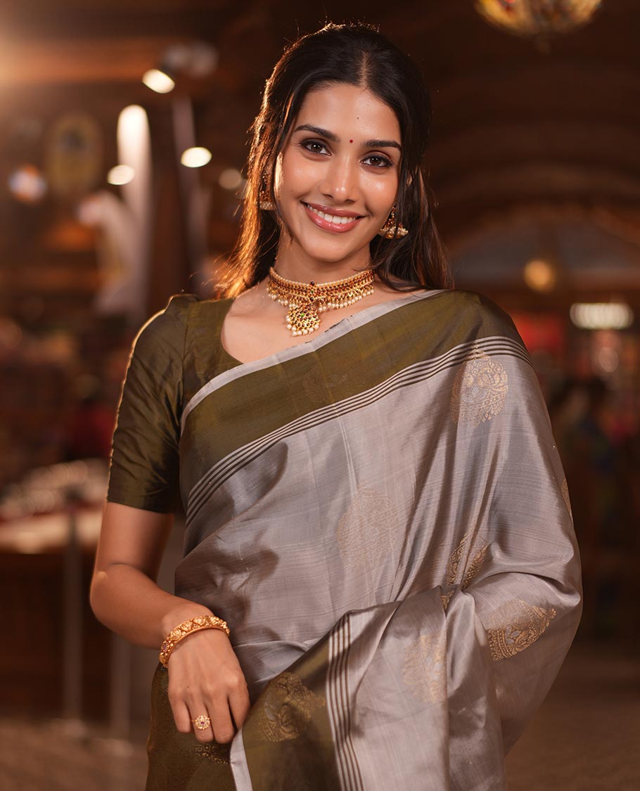 Grey-Mehendi Buttas Mayuri Lite Silk Mix Saree, Contrast Border, Grand Pallu, Contrast Blouse