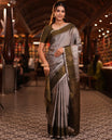 Grey-Mehendi Buttas Mayuri Lite Silk Mix Saree, Contrast Border, Grand Pallu, Contrast Blouse