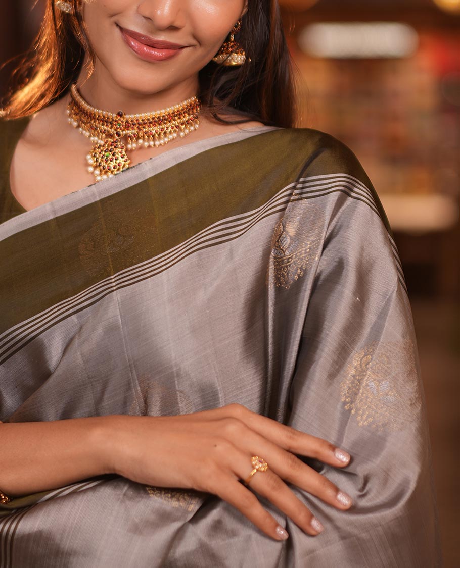 Grey-Mehendi Buttas Mayuri Lite Silk Mix Saree, Contrast Border, Grand Pallu, Contrast Blouse