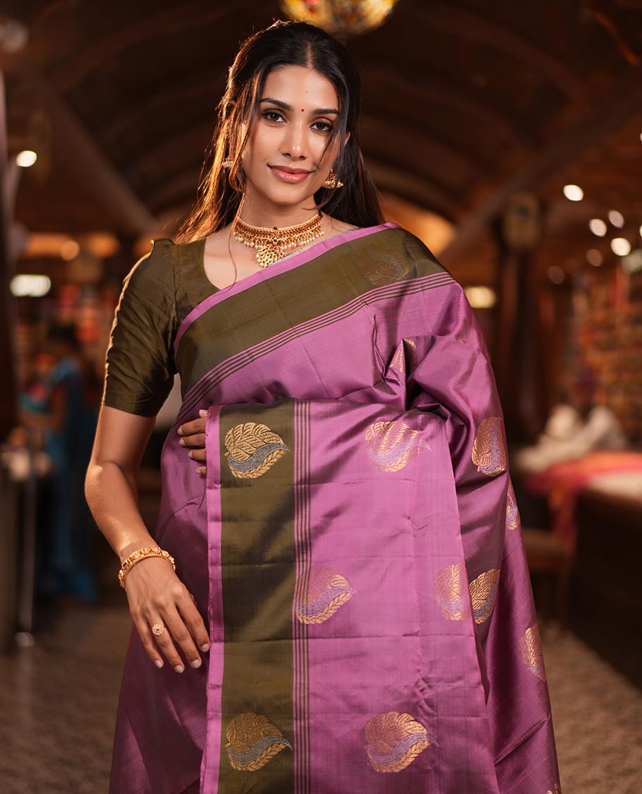 Onion Pink-Mehendi Zari Buttas Mayuri Lite Silkmix Saree, Contrast Border, Grand Pallu, Contrast Blouse