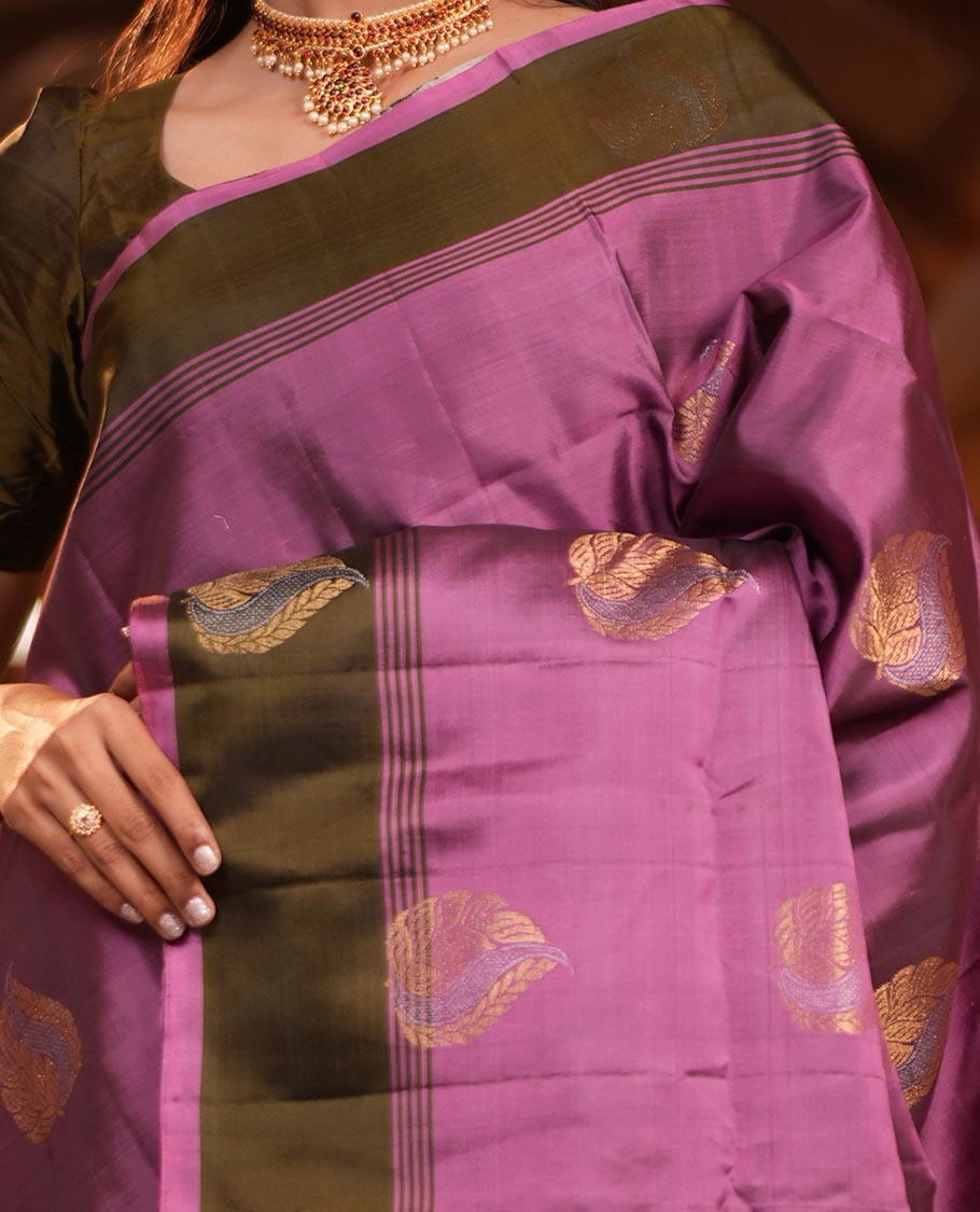 Onion Pink-Mehendi Zari Buttas Mayuri Lite Silkmix Saree, Contrast Border, Grand Pallu, Contrast Blouse