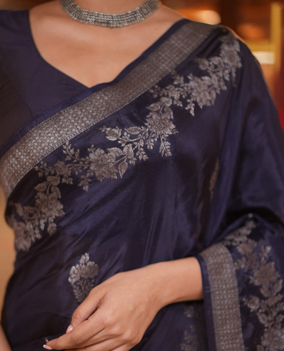 Navy Blue HO-Silk Saree, Adorned with Floral Zari Buttas All Over Its Body, Highlighted by Self-Border of Floral Creeper Designs, Floral Jaal Pallu and Paired with a Plain Blouse