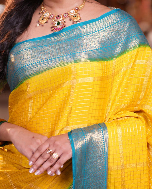 Yellow Fancy Mysore Silk Saree Features Zari Checks, Contrast Traditional Border, Grand Pallu, Contrast Blouse