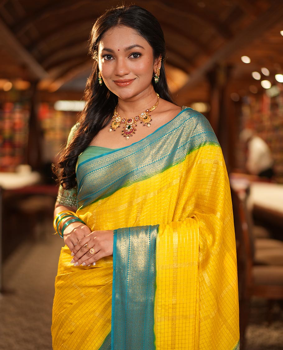 Yellow Fancy Mysore Silk Saree Features Zari Checks, Contrast Traditional Border, Grand Pallu, Contrast Blouse