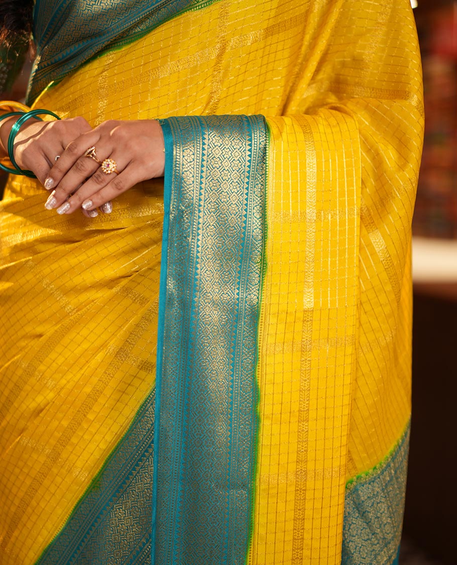 Yellow Fancy Mysore Silk Saree Features Zari Checks, Contrast Traditional Border, Grand Pallu, Contrast Blouse