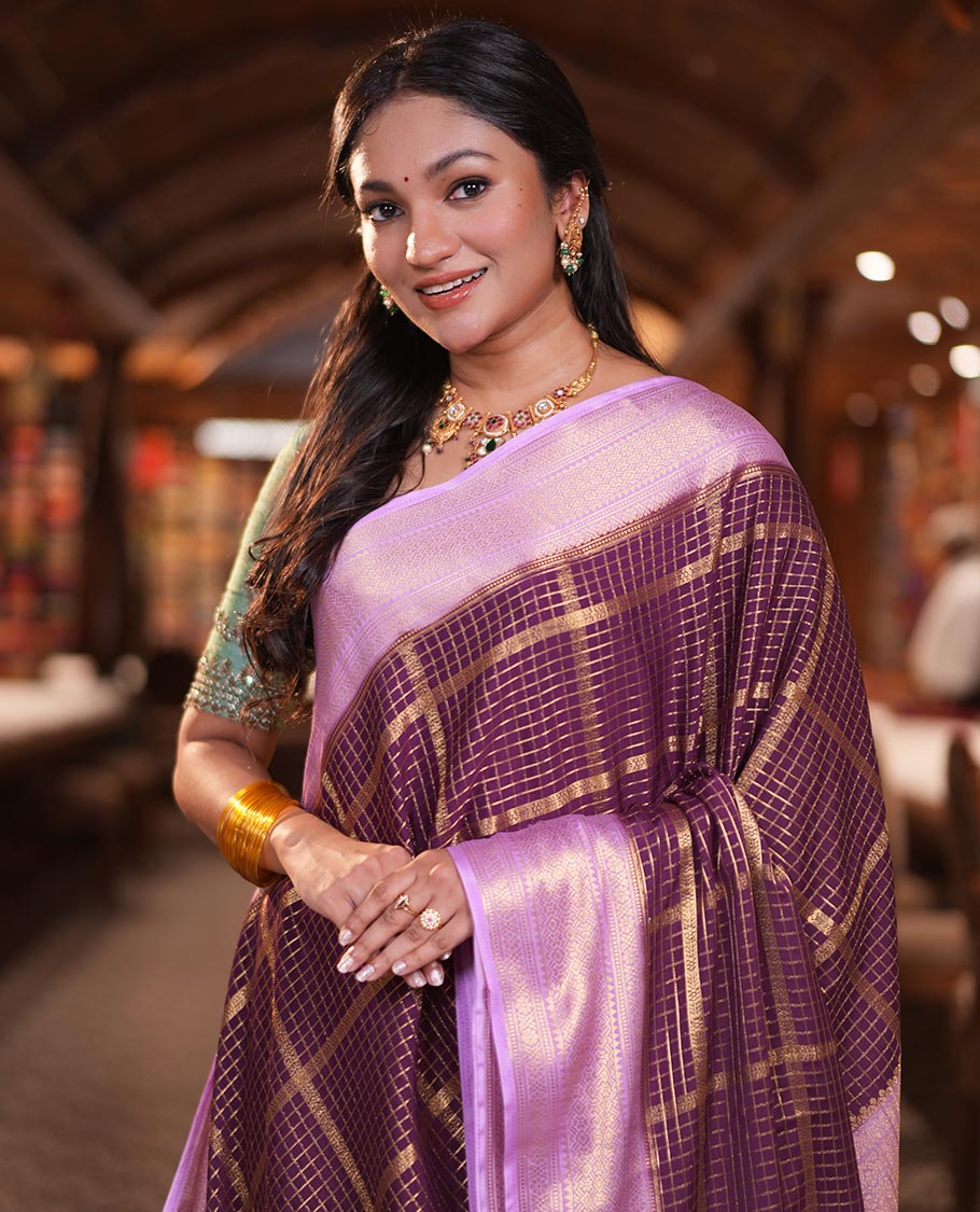 Dark Purple Checked Mysore Silk Saree, Contrast Zari Border, Grand Pallu, Contrast Blouse