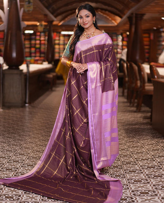 Dark Purple Fancy Mysore Silk Saree Features Zari Checks, Contrast Traditional Border, Grand Pallu, Contrast Blouse