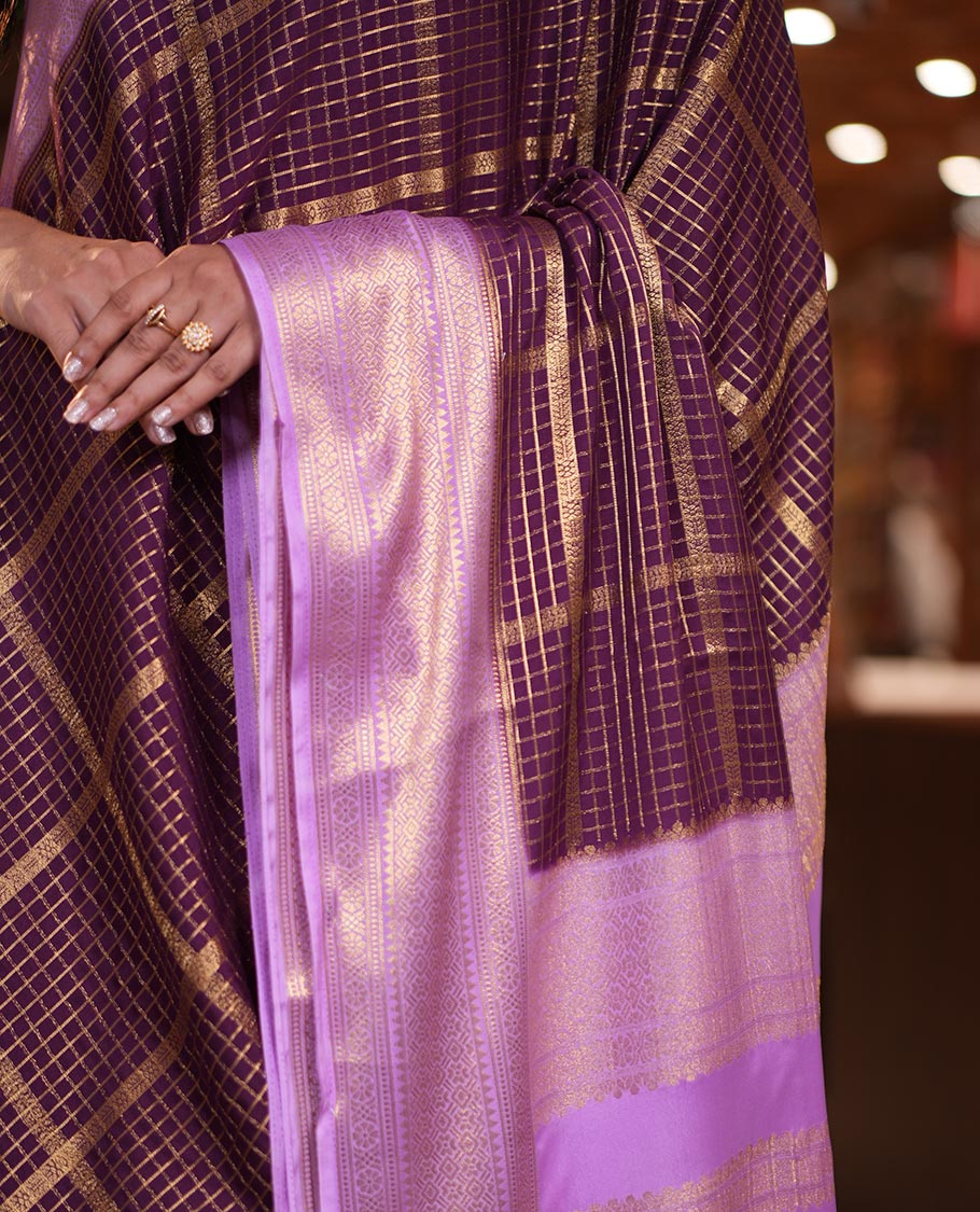 Dark Purple Checked Mysore Silk Saree, Contrast Zari Border, Grand Pallu, Contrast Blouse